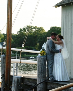 Jennifer and Kevin back at Mystic Seaport after the water wedding on the Sabino