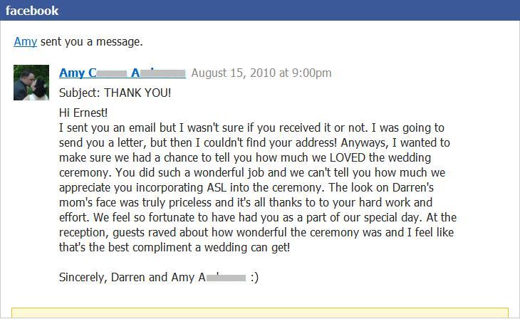 Thank You note from Amy and Darren via Facebook.
